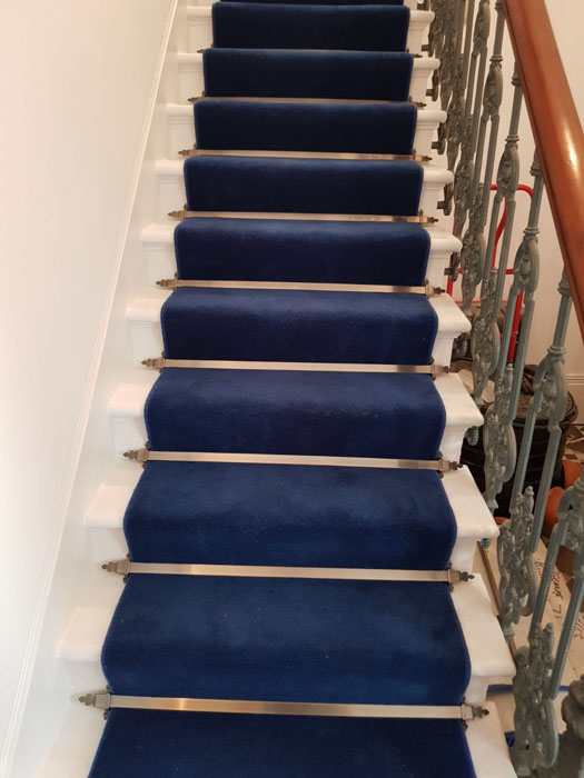 portfolio blue stair carpet as a runner with bronze stair rods 02