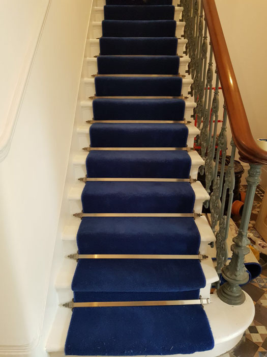 portfolio blue stair carpet as a runner with bronze stair rods 06