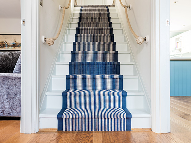 Fibre Flooring Fibre Wool Longitude Barbados Fitted Stairs With Navy Blue Cotton Binding With Crop - Carpet