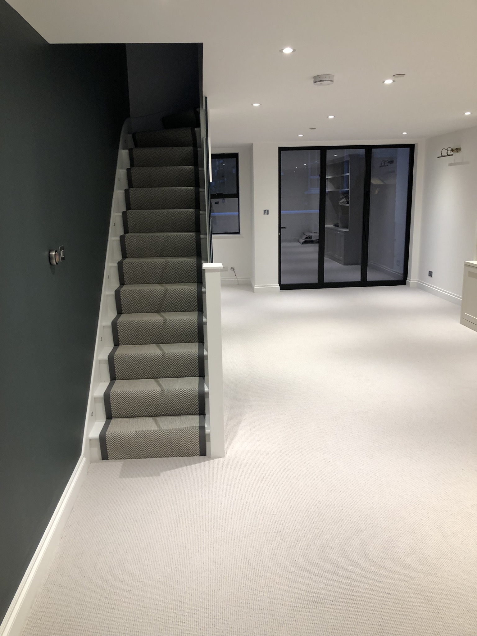 Fibre Flatweave Classic Herringbone Dapple carpet installed Battersea 1
