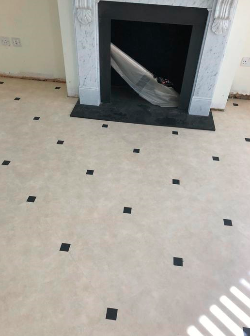 Amtico Signature Limestone Calico Luxury Vinyl Tile with Graphite Slate Key Installed in Westminster 5