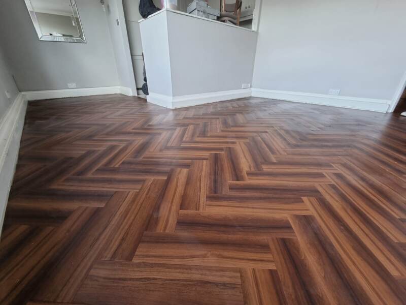 Amtico Signature Rosewood Tick Finish in Herringbone Installation in Fitzrovia Carpet - Amtico Flooring - Carpet - Luxury Vinyl Tile Flooring