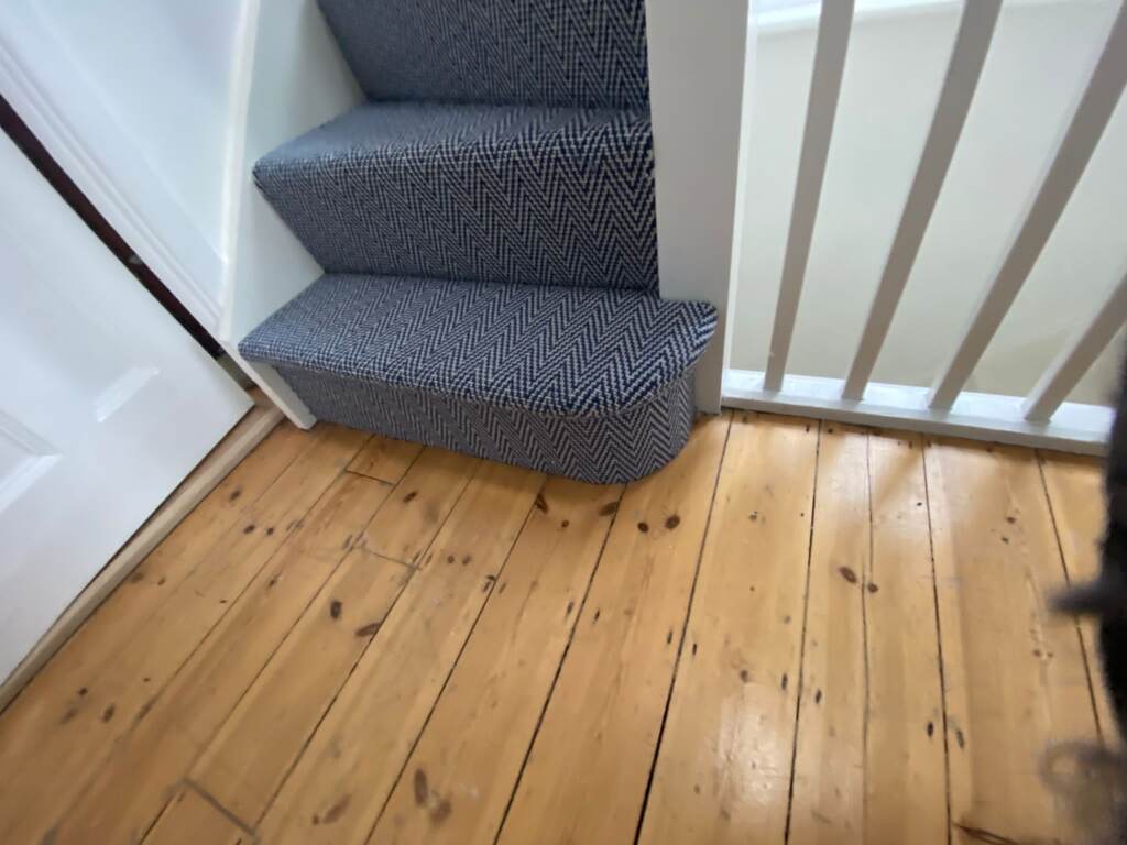 Rols Wool Carpets Herringbone Denim Installation in Battersea, Carpet, Home