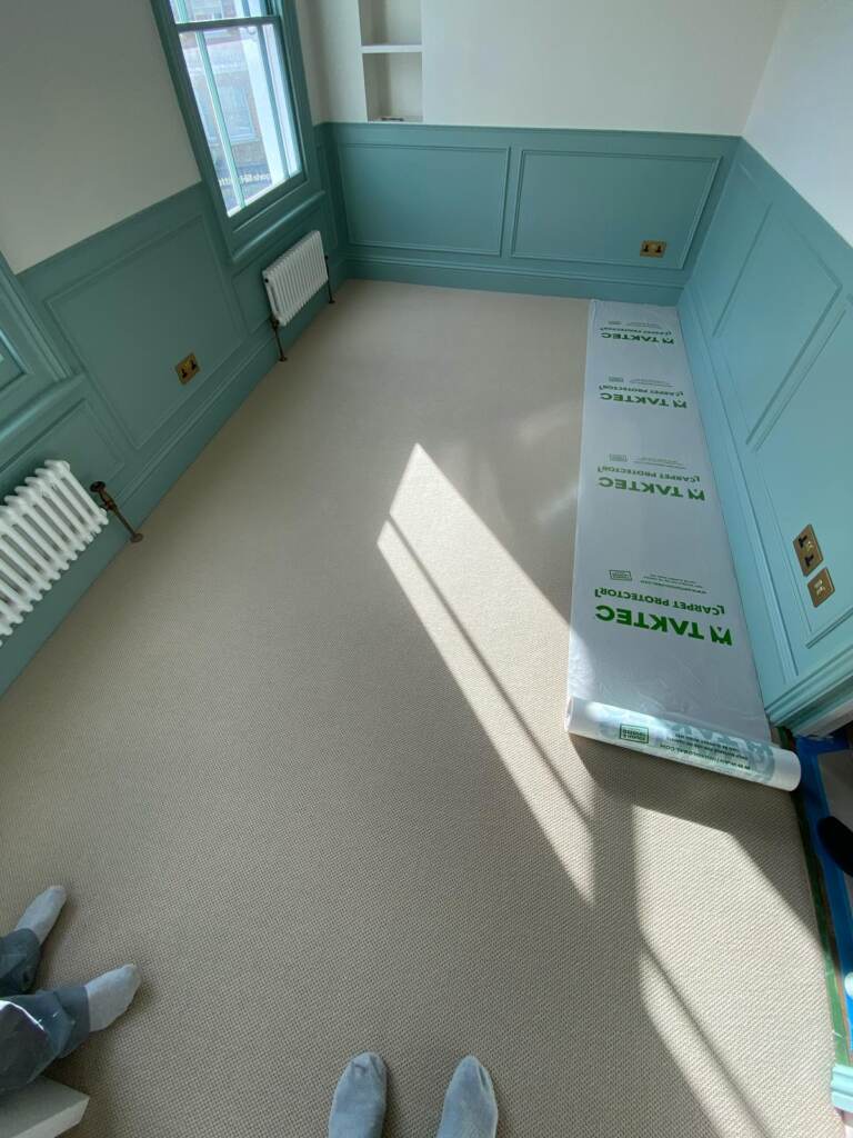 Likewise London Designer Weave Ashen Sky carpet installation in-Main