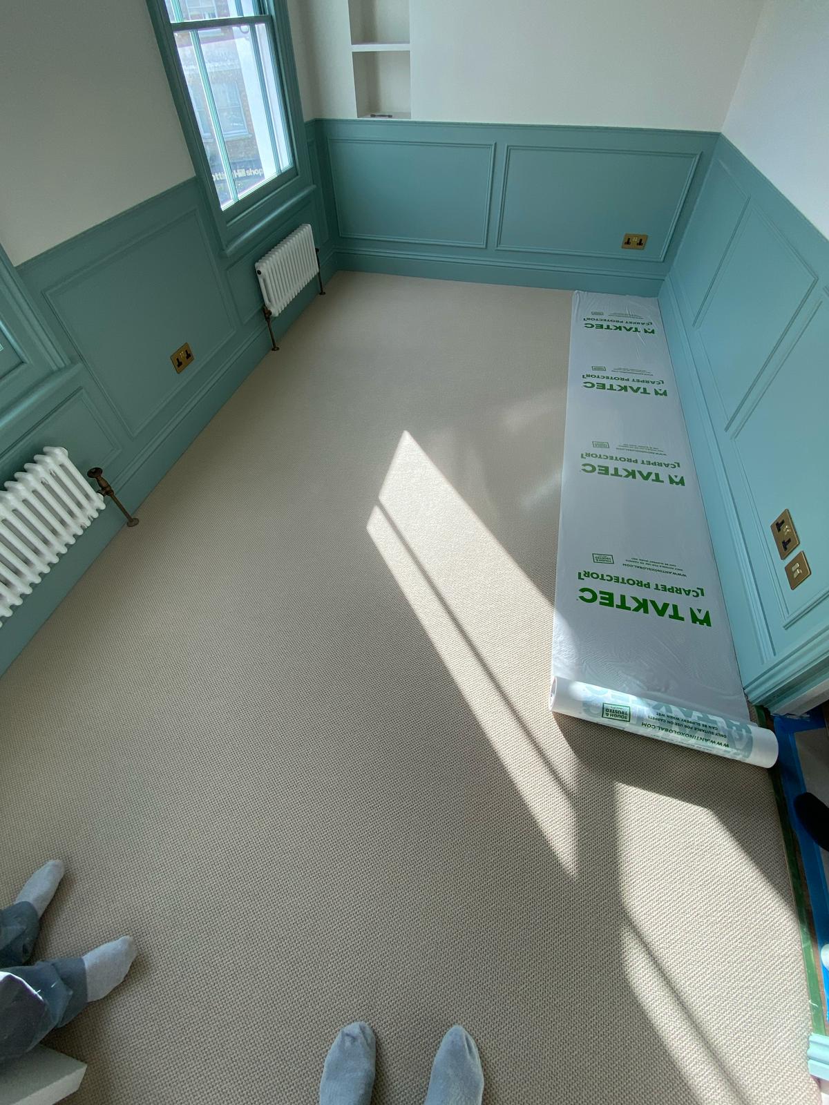 Likewise London Designer Weave Ashen Sky carpet installation in-Main