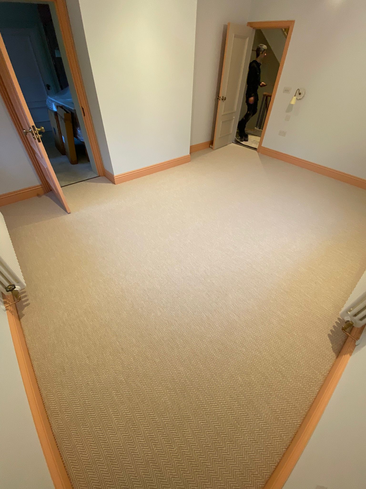 Likewise London Herringbone Chalk carpet installation in-1